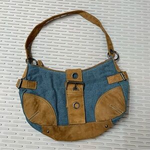 Point Zero Shoulder Bag Womens Medium Blue Tan Denim Suede Y2K Buckle Excellent